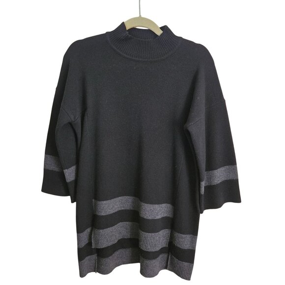 L. K. Bennett Black Gray Wool High Low 3/4 Sleeve Mock Neck Sweater Size S - Picture 2 of 7
